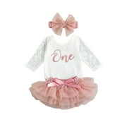 Biekopu Baby Girls Birthday Outfits Long Sleeve Floral Lace Romper + Tutu Skirt + Headband Set