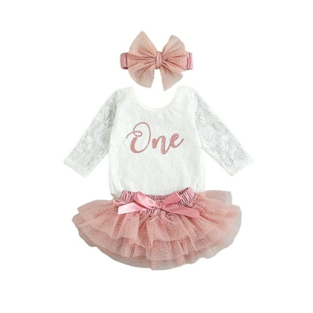 

CIYCuIT Baby Girls My 1st Birthday Outfits Long Sleeve Floral Lace Romper + Tutu Skirt + Headband Set