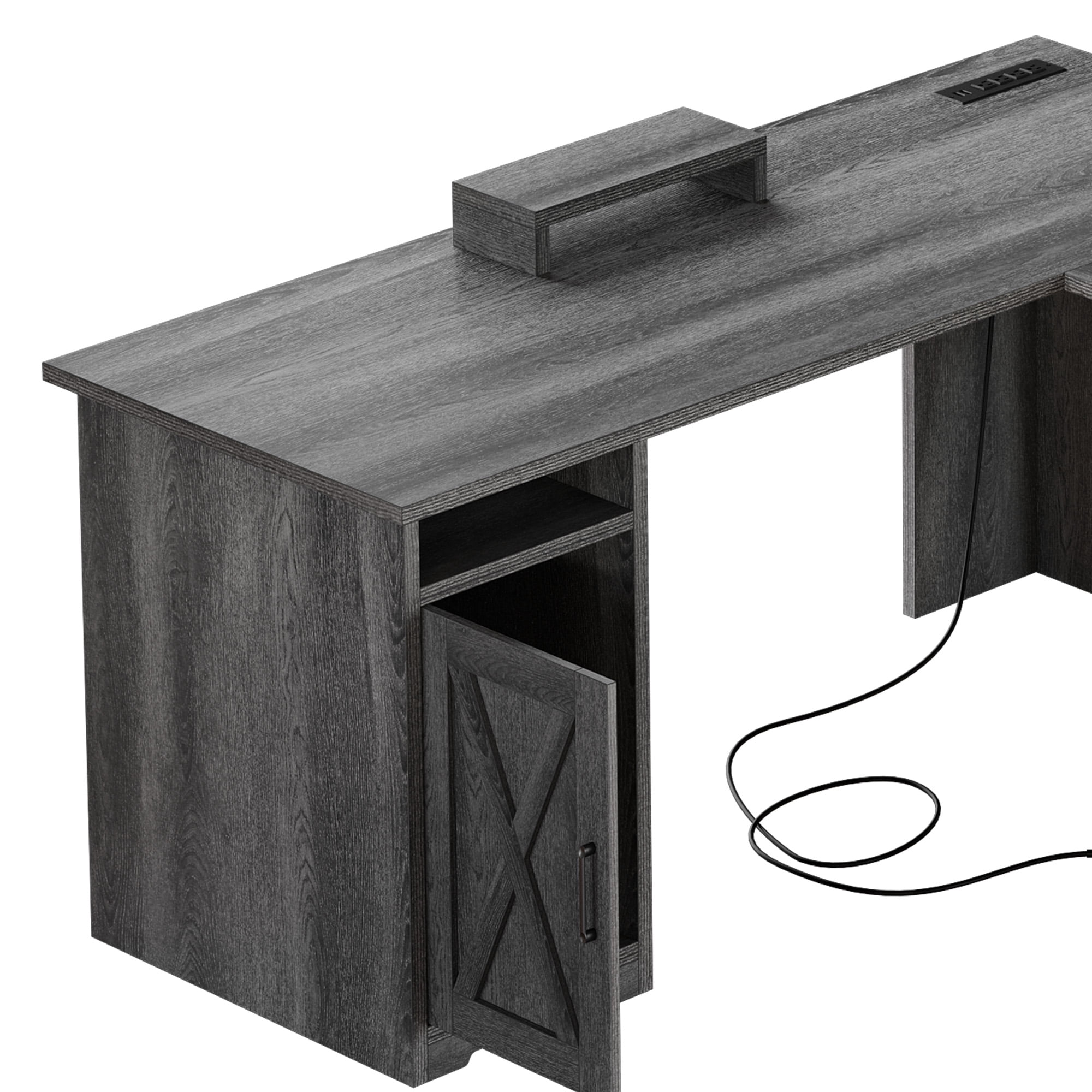 ModFusion 59 Inch L Shaped Corner Computer Desk with Power Outlets & USB Ports, Office Desk with File Drawer, Monitor Stand & Storage Shelves, Rustic Gray
