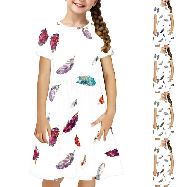 MKOSPLRT Robes Boho pour Fille 2025 Manches Courtes Col Ras du Cou Twirly Robe Patineuse Graphique Drôle Longueur Genou Robes d'Été Évasées de Fête 4-14 Ans