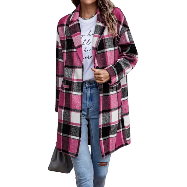 Abrigo PRETTYGARDEN 2024 Mezcla de Lana a Cuadros Tartan Rojo Rosa M