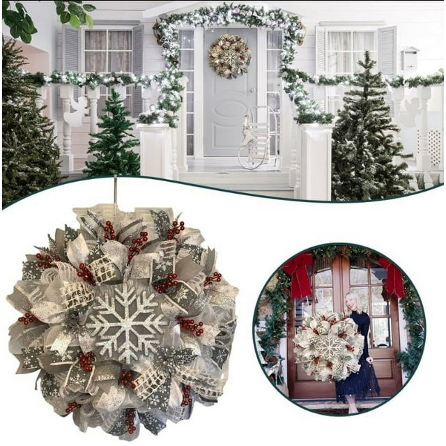 40cm Christmas Snowflake Creative Ribbon Wreath 40cmChristmas Wreath Decorations for Door Xmas Wreaths with Timer, Artificial Large Wreaths for Farmhouse Front Porch Window Outdoor Holiday Decor
