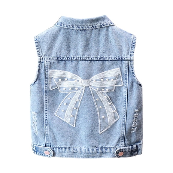 Lutiedan Denim Jacket for Girls Button Down Sleeveless Collar Jean Vest Bowknot Back Casual Coat 18 Months-14 Years,Blue