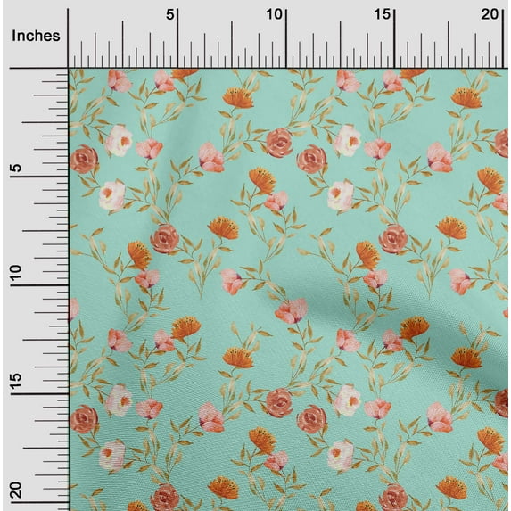 oneOone Georgette Viscose Aquamarine Fabric Flower & Leaves Watercolor Quilting Print Sewing Fabric By The Yard 42 Inche Wide