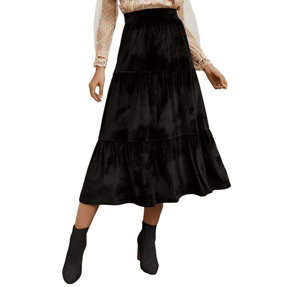 Girls & Ladies Black Velvet Midi Skirt with Ruffle Hem – Elegant & Stylish