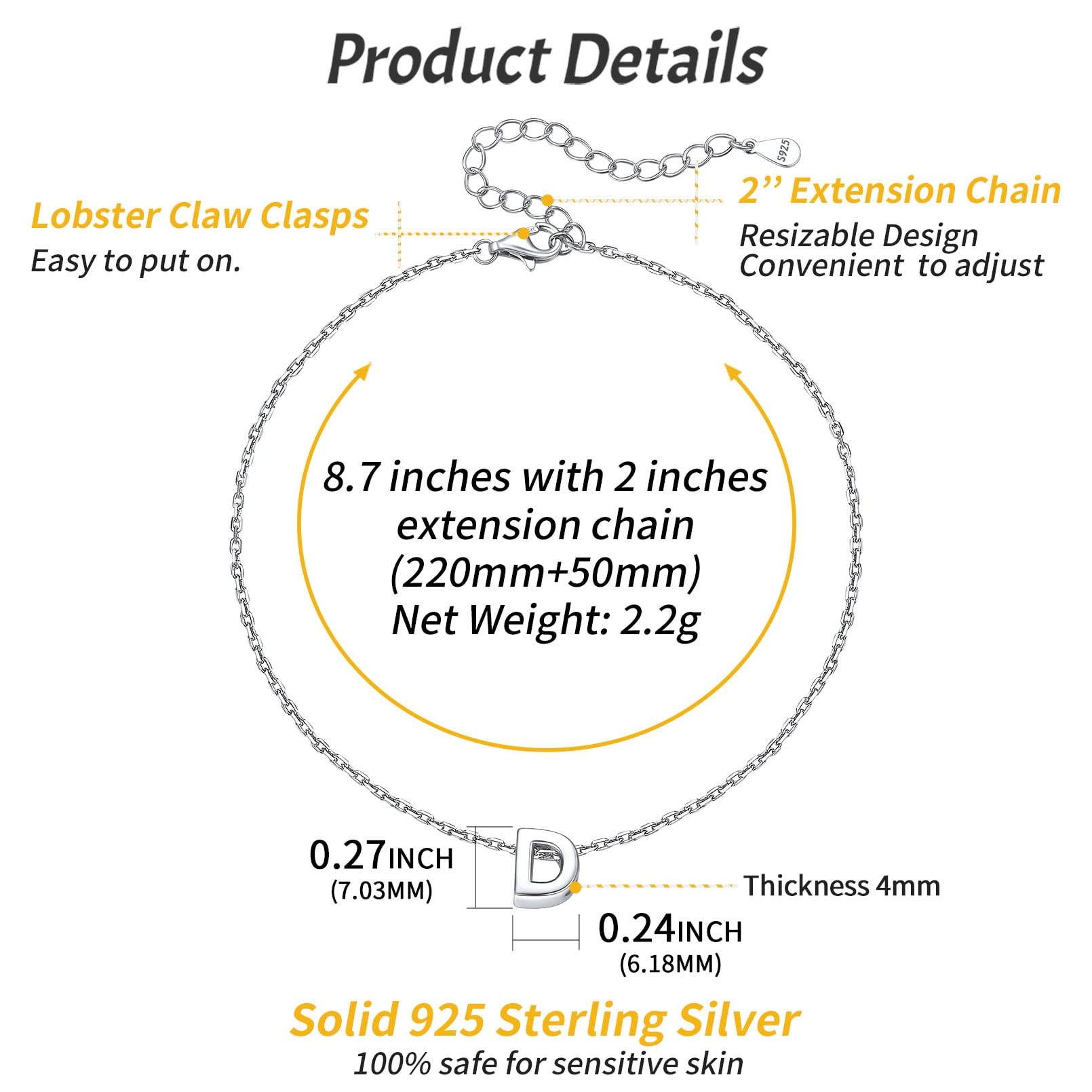 ChicSilver 925 Sterling Silver Initial Ankle Bracelets for Women, Simple Dainty Letter Initial Anklets Beach Foot Chain Alphabet Jewelry