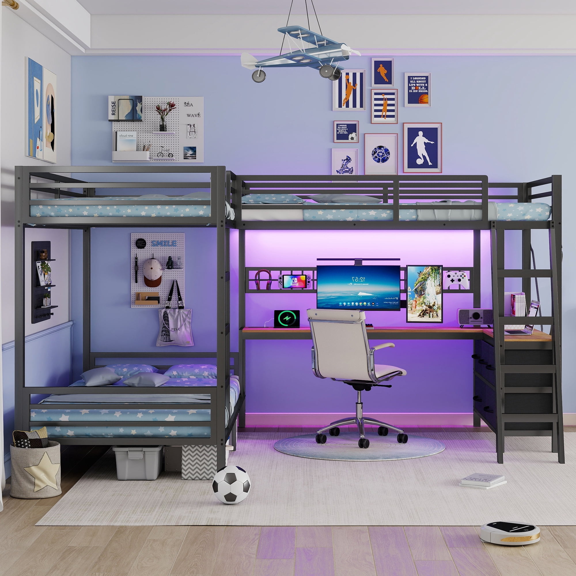 HOQBN L-Shaped Triple Bunk Bed with L-Shaped Desk and 5 Lagre Drawer,Twin Over Twin Over Twin Bunk Bed Frame with Charging Station,LED Lights,DIY Grid and Ladder,Black