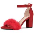thumbnail image 1 of BLISSFUL STEP Women's Solid Color Faux Fur Ankle Strap Block Heels Sandals, 1 of 6