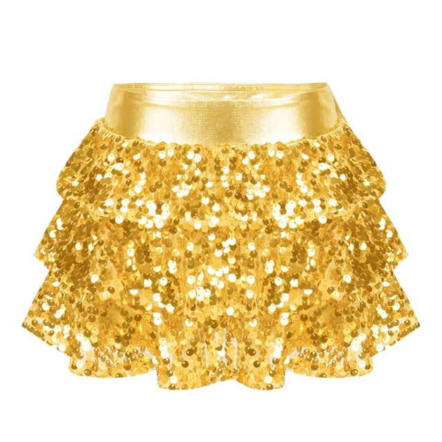 XUNZOO Girls Sequins Ruffle Layers Culottes Kids Shiny Hip Hop Samba Skirt with Shorts Latin Mini Gold 6