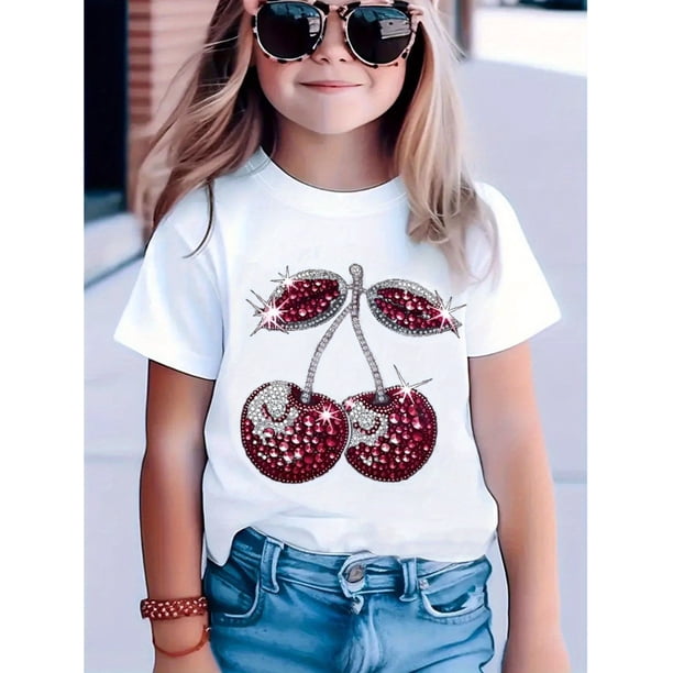Cherry Graphic T-Shirt for Girls - Short Sleeve Tee with Sparkling Cherries Design, Round Neck, Casual Summer Top, Outdoor Wear, Casual Summer Wear | Playful Print Top | Comfortable Fit, Girls T Shir