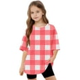 thumbnail image 6 of AUNVITO Girls Short Sleeve T shirt Kids Summer Oversized Plaid Printed Crew Neck Tops Casual Basic Tee 5-14Years, 6 of 8
