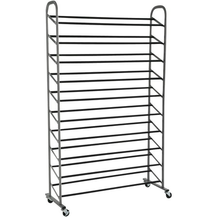 Mainstays 10-Tier Rolling Shoe Rack, Silver Finish, up to 30 Pair of Shoes