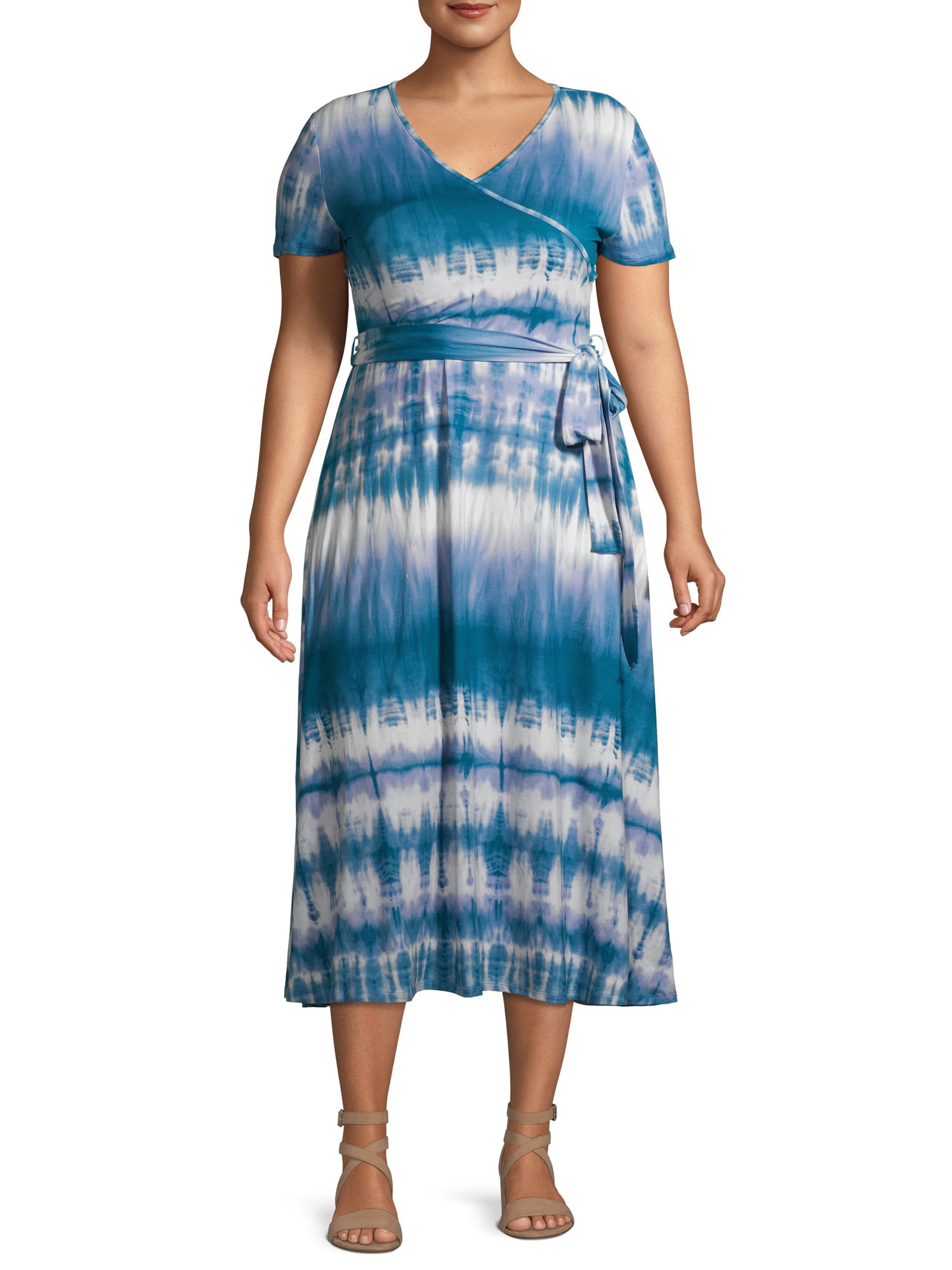 Love Sadie Women's Plus Size Short Sleeve Faux Wrap Midi Dress ...