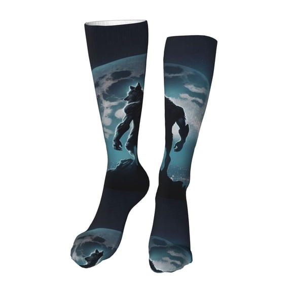 Xecao Moon Wolf Warrior Print Calf Socks Seamless Toe, Knee High Long Socks, Sports Socks Trouser Socks for Women and Men-One Size