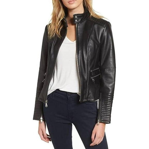 Women's Black Lambskin Real Leather Stylish Jacket Biker Motorcycle Slim Fit Coat W288