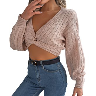 2026 Womens Sexy Sweaters Twist Knot Front Crop Tops Solid Casual