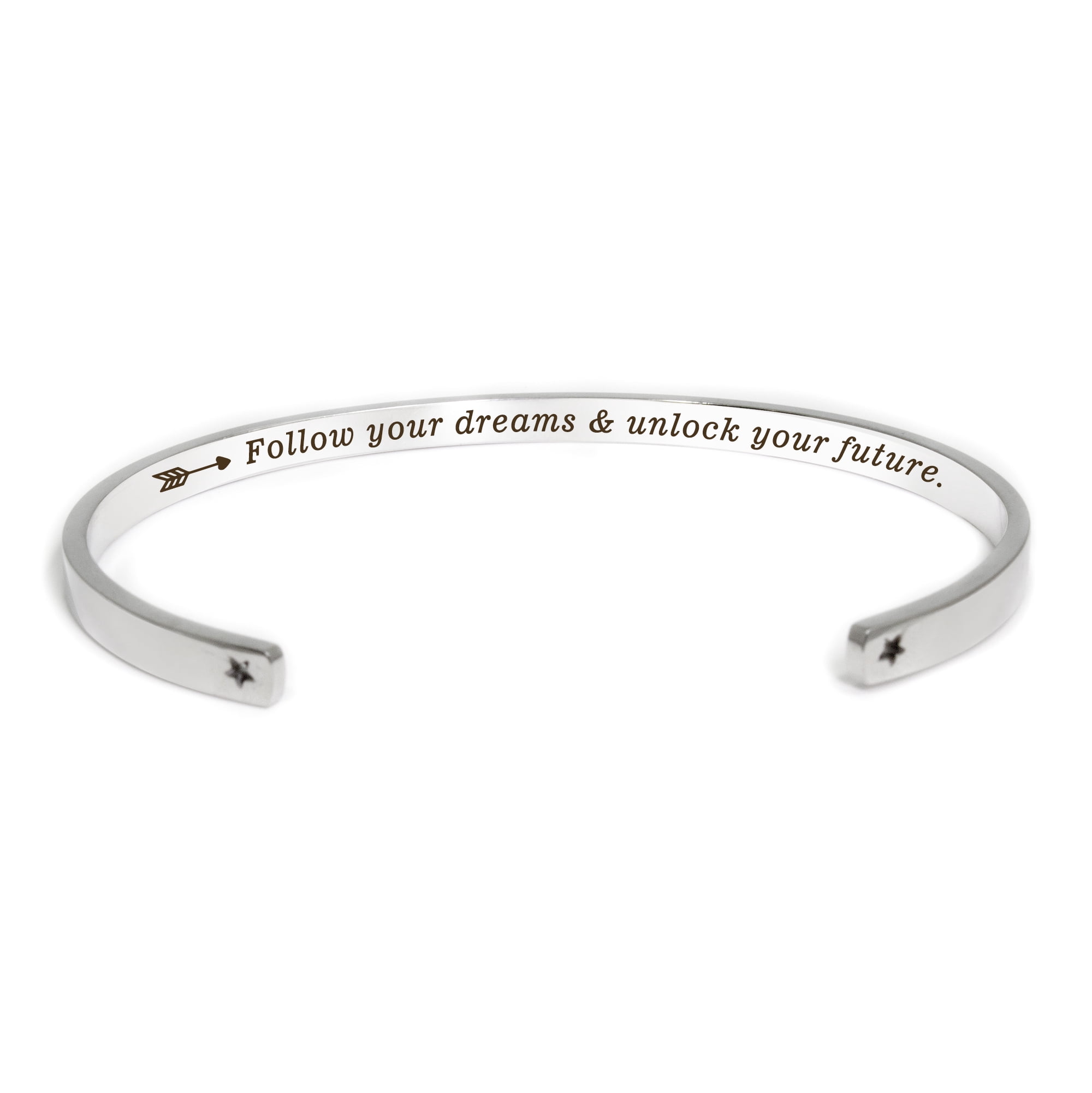 "Follow your dreams…" Silver Stainless Steel Graduation Theme Hidden Message Gift for Her Cuff Bracelet with Gift Set