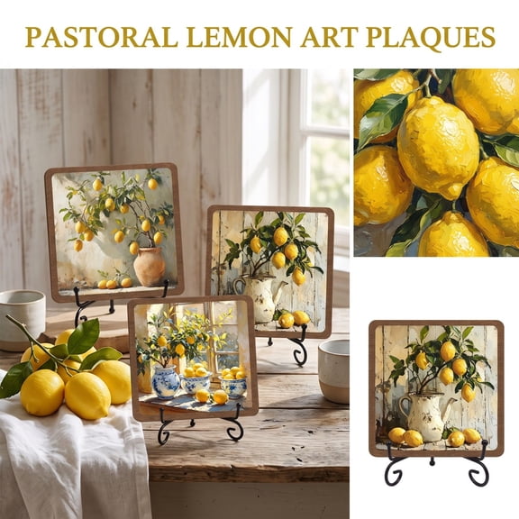 Farmhouse Home Decor, Rustic Wooden Square Sign with Lemon Tree Art and Wood Easel Stand for Kitchen Shelf Decor, Vintage Country Decor for Home Sweet Home Mantel Decorations,
