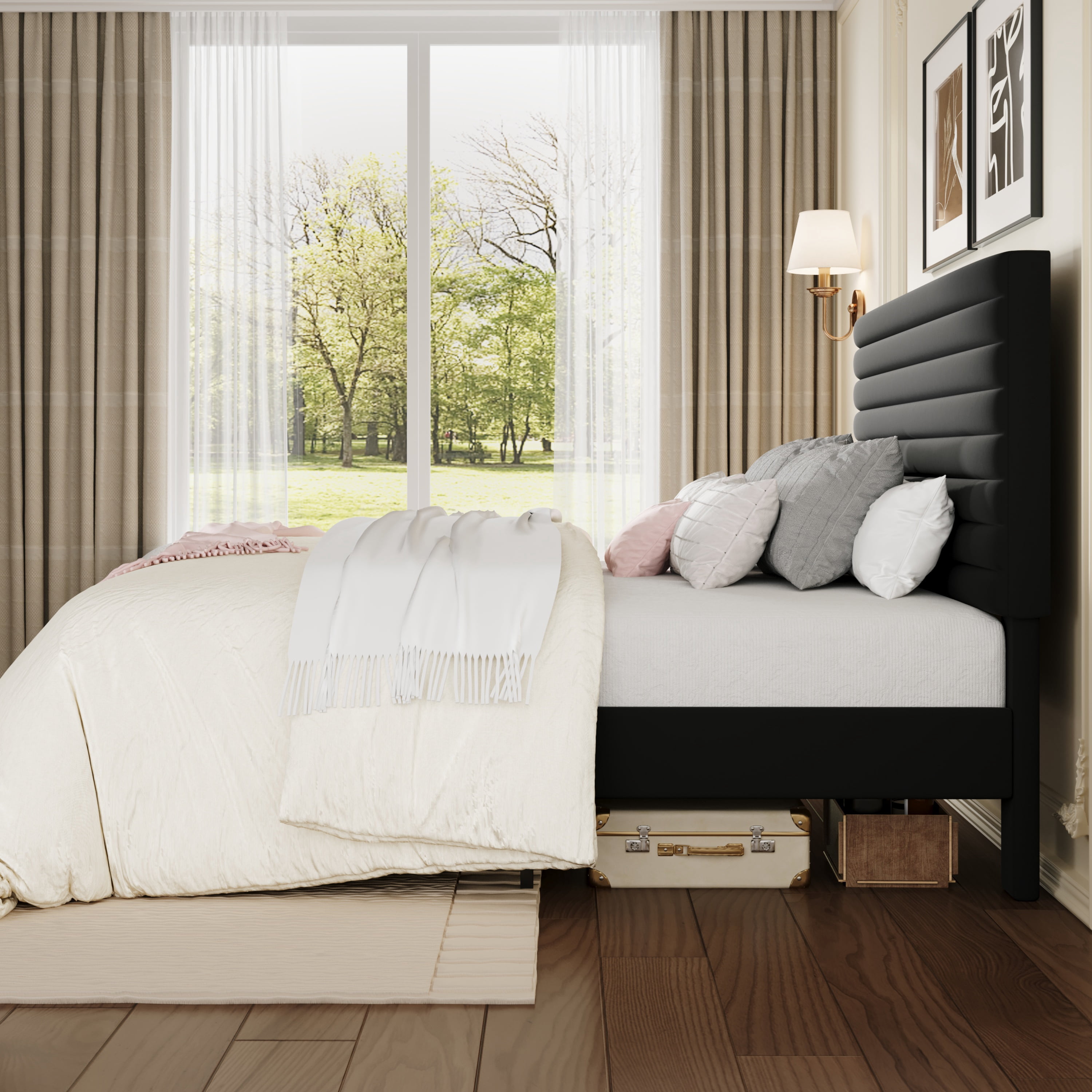 Sha Cerlin Full Size Platform Bed Frame with Velvet Adjustable Headboard, No Box Spring Needed, Black