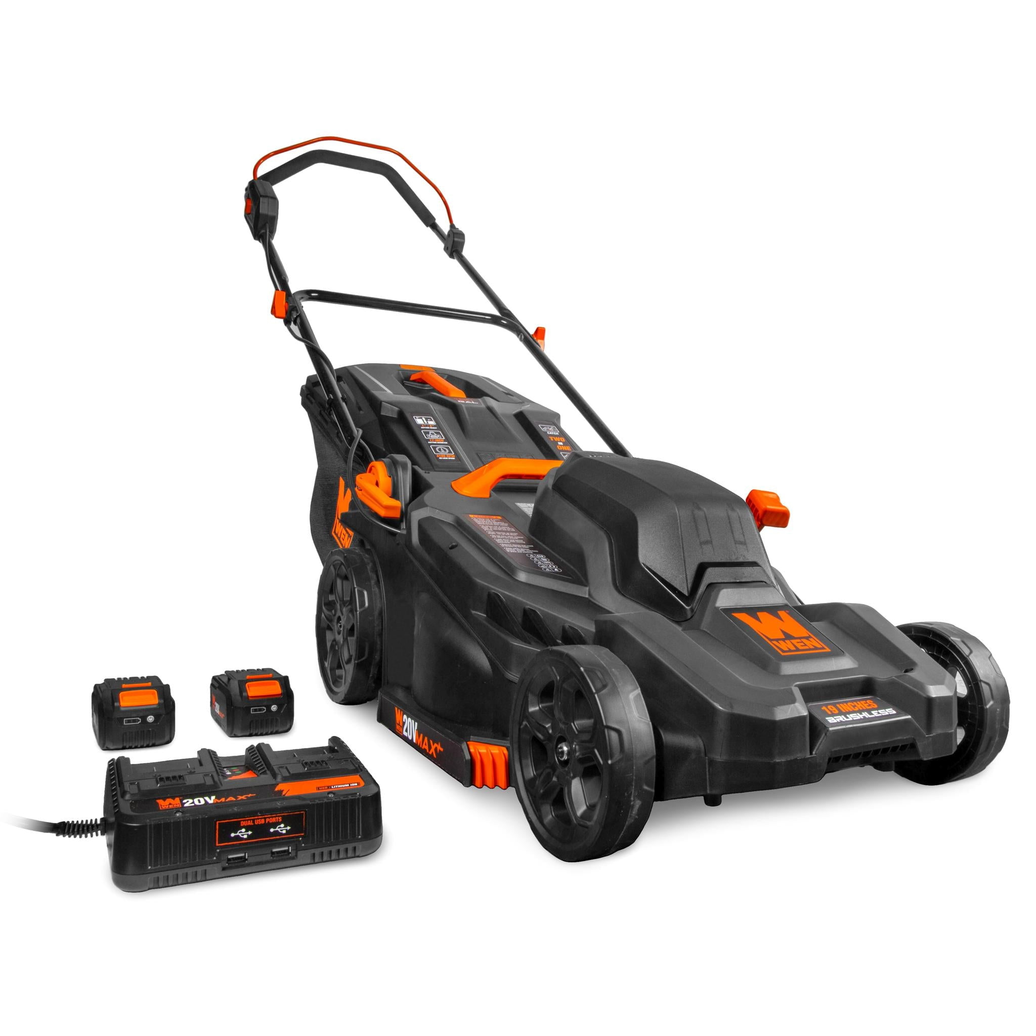 WEN 20V Max Cordless 19-Inch Lawn Mower, String Trimmer, and Leaf Blower Combo Kit with Two 5Ah Batteries and Dual Port Charger (20VK3TBM)