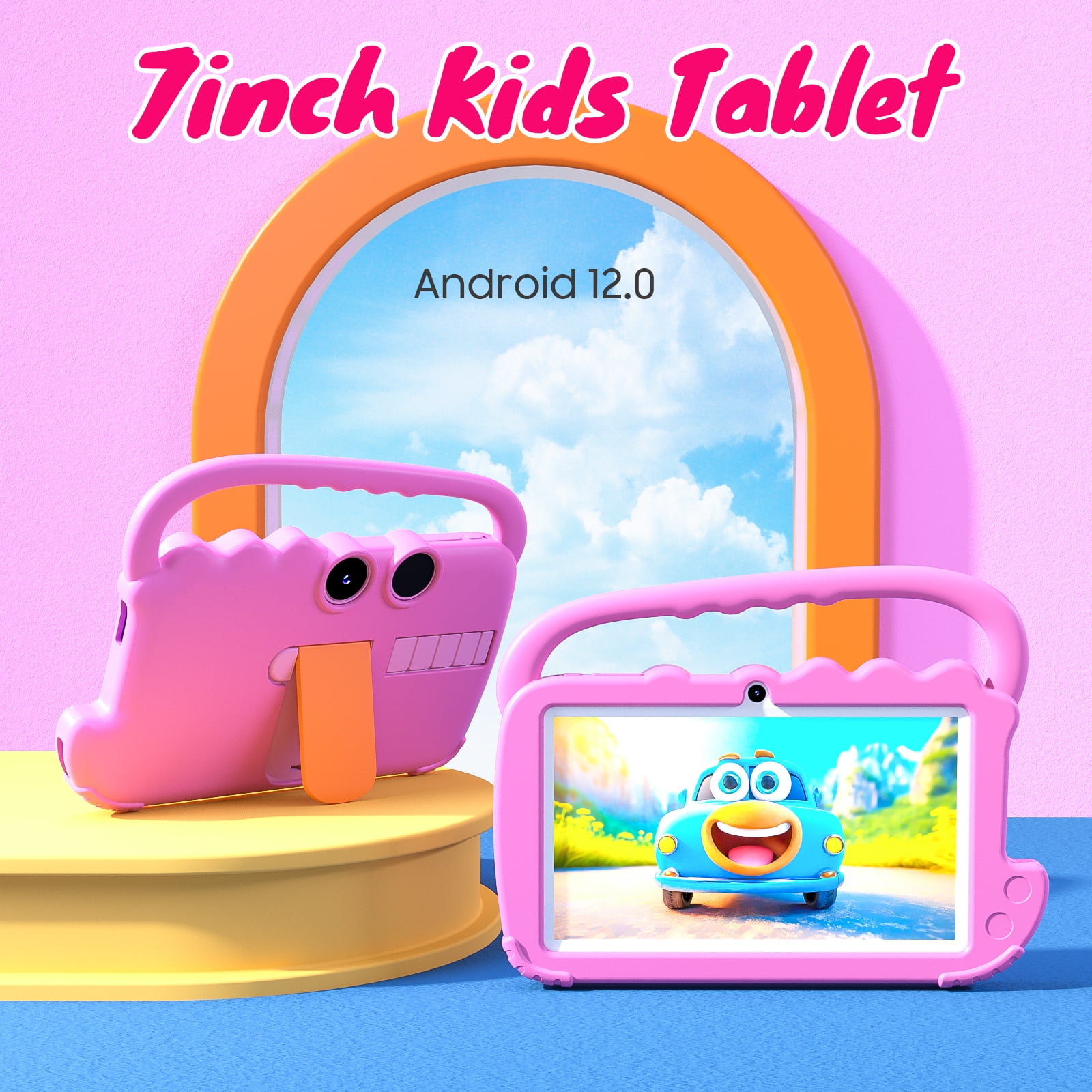 Kids Tablet 7 inch Android 12 Tablet for Kids, 4GB RAM 32GB ROM Quad Core Toddler Tablet with Shockproof Case, Parental Control, WiFi, BT, 3000mAh Battery, Dual Camera, Educational, Games, Pink