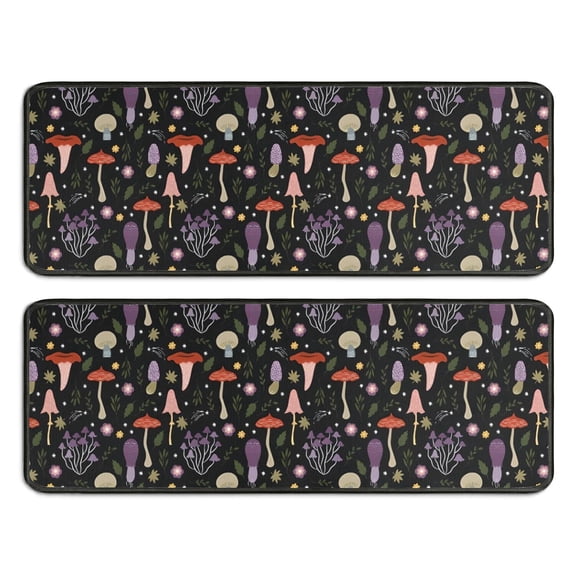 Kitchen Rugs Sets Of 2,Colorful Mushroom Floral Black Pattern Anti Fatigue Kitchen Mat Rugs Non Slip Washable,Decorative Kitchen Floor Mats for Kitchen,Sink,Laundry,17"x47" 17"x47"