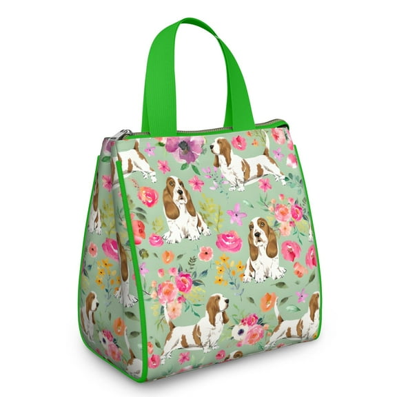 Basset Hound and Pioneer Flower Insulated Lunch Bag for Women & Adults,Large Portable Soft Cooler Lunch Bag,Thermal Food Storage Tote with Pearl Cotton,8.66L,8.75x5.75x9.5 Inch