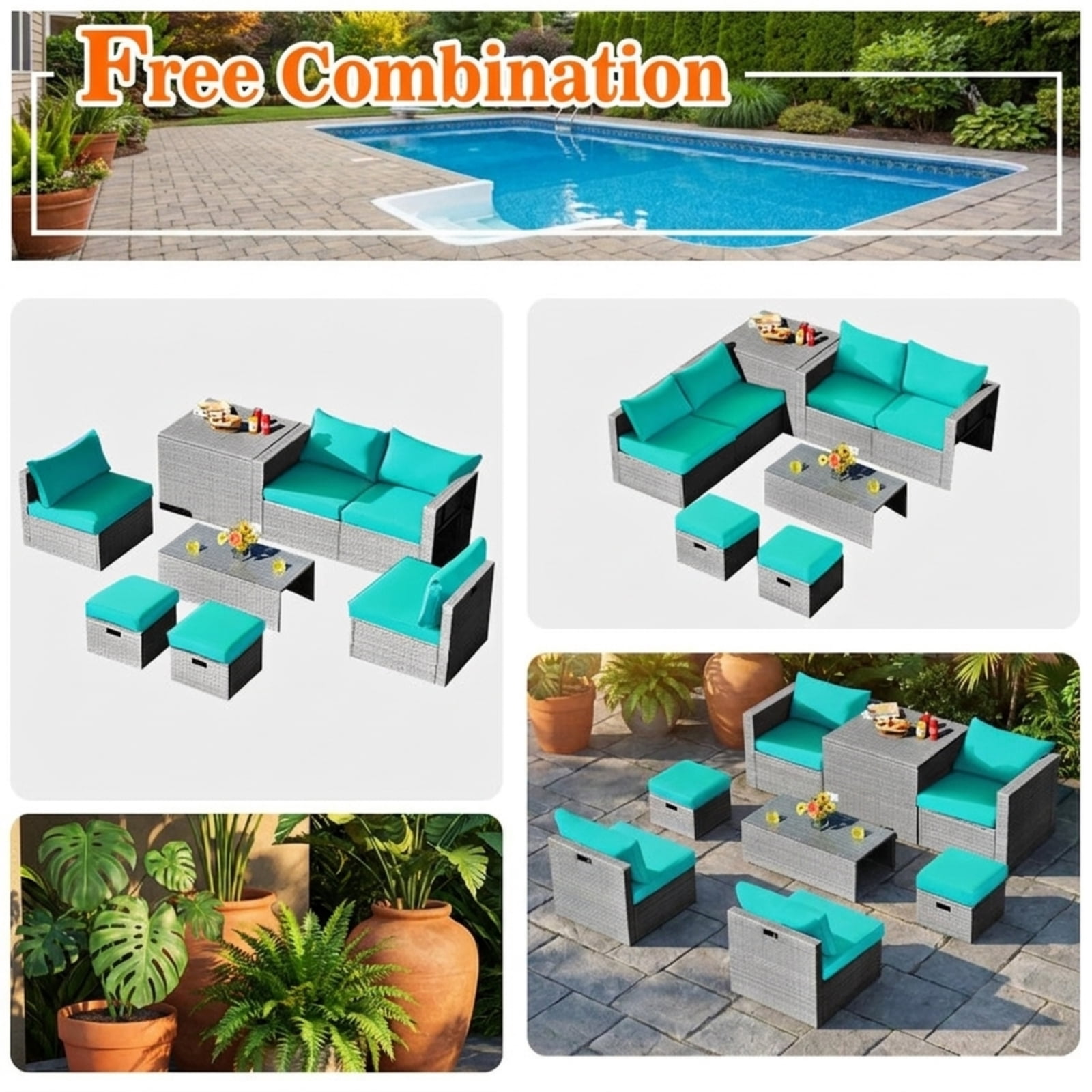 Furnibear 8 Piece Patio Rattan Furniture Set Outdoor Wicker Sectional Conversation Set with Storage Cover Cushions and Glass Table, Turquoise