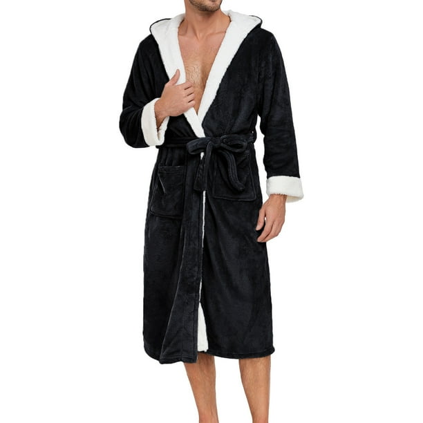 Batas de hombre informales de color liso con cuello en V, capucha, bolsillos, cuerda para atar, mangas largas, pijama de poliéster.