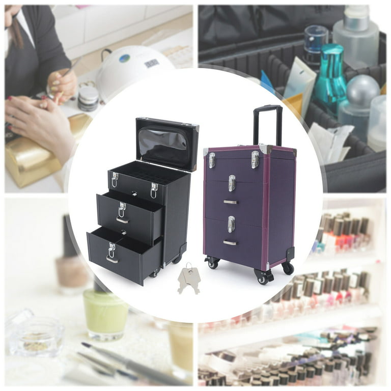 OUKANING 3-Tier Rolling Makeup Case Nail Polish Storage Box Cosmetic  Trolley Travel Organizer PU w/Rolling Wheels Purple