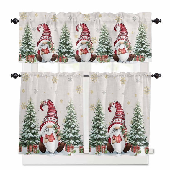 Christmas Dwarf Kitchen Curtains and Valances Set, Winter Christmas Tree Snowflakes Linen Rod Pocket Window Valance 18 Inch Window Curtain Panels for Living Room Bedroom Laundry, 27.5x24in, 3 Pieces