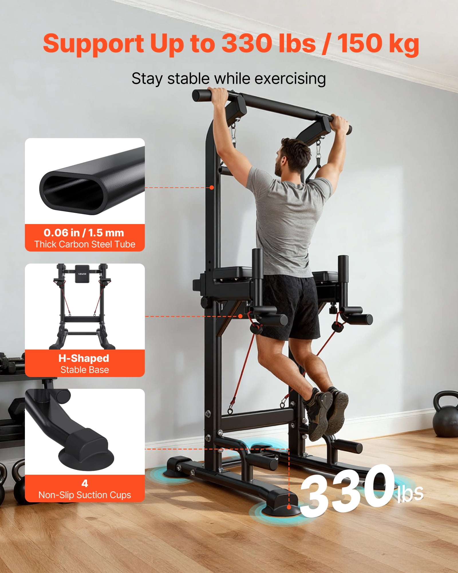 VEVOR Pull Up Bar, 330 LBS Power Tower Dip Station, Workout Dip Station with H-Shaped Stable Base & Back Pad,Adjustable 12 Level Height Free Standing Chin Up Bar for Back, 4-Level Adjustable Back Pad