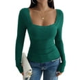 thumbnail image 2 of Womens Long Sleeve Shirts Square Neck Ribbed Knit Crop Tops Fall Outfits Fashion Clothes Green XS, 2 of 9