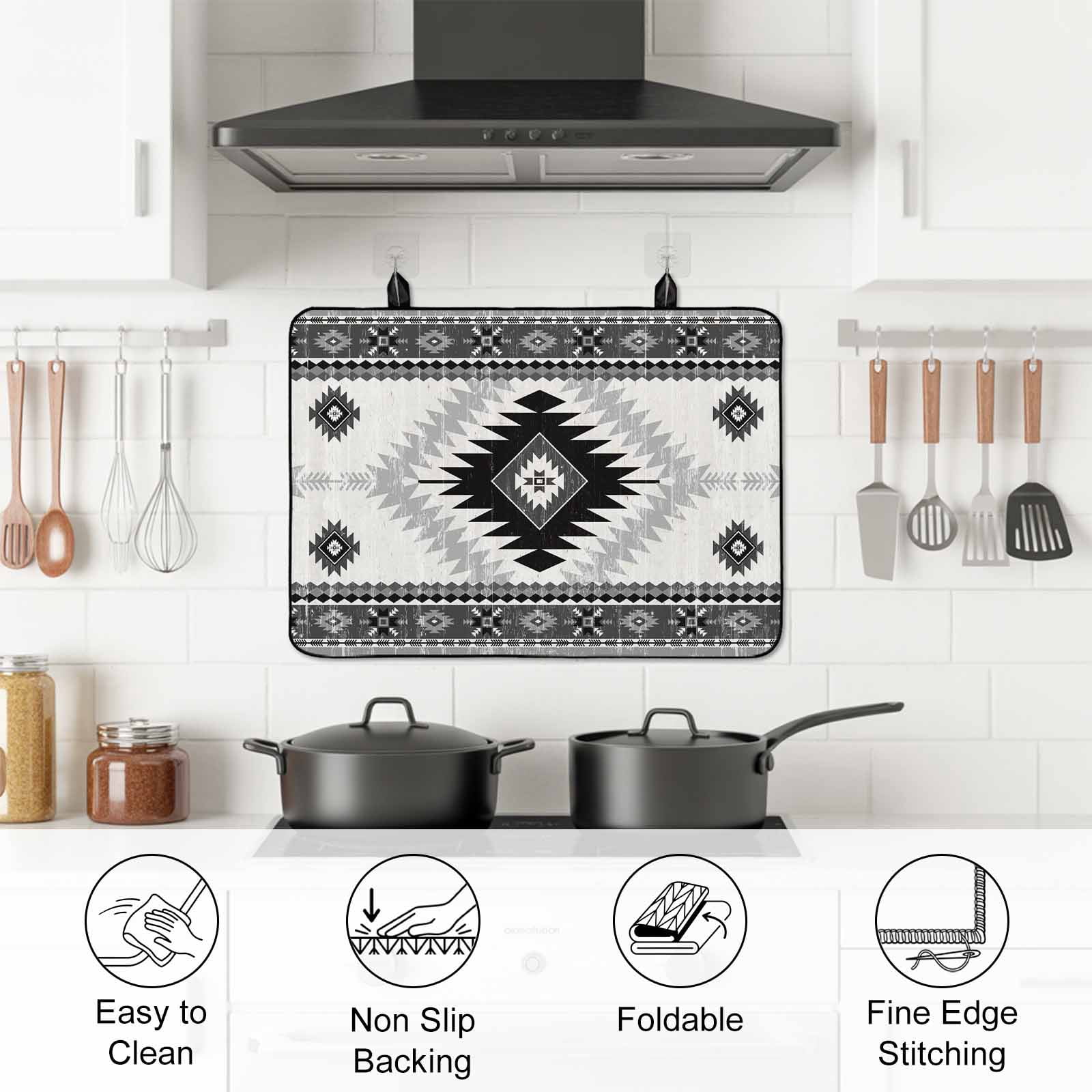 Black Beige Boho Stove Top Cover for Electric Stove, Heat-proof & Non Slip Glass Top Stove Cover Protector, Vintage Ethnic Tribal Southwestern Kitchen Flat Cooktop Rubber Mat 24x21 Inches