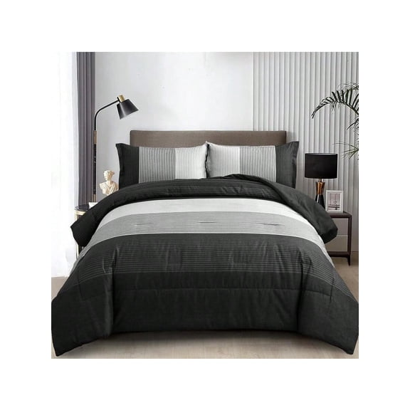 Black Comforter Set Queen Reversible Black Grey Stripe Down Alternative Comforter For All Season 3 Pieces 1 Patchwork Comforter 2 Pillowcases Soft Microfiber Bedding Set 90*90