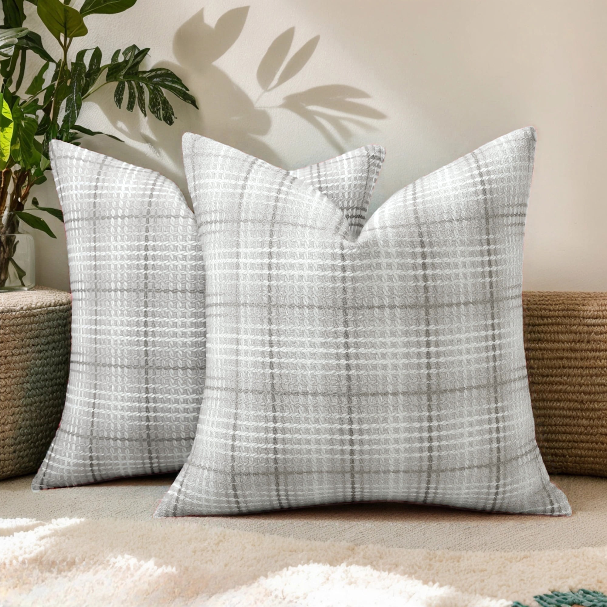 Unique Bargains Plaid Decorative Throw Pillow Covers Pack of 2 Grey 16" x 16"
