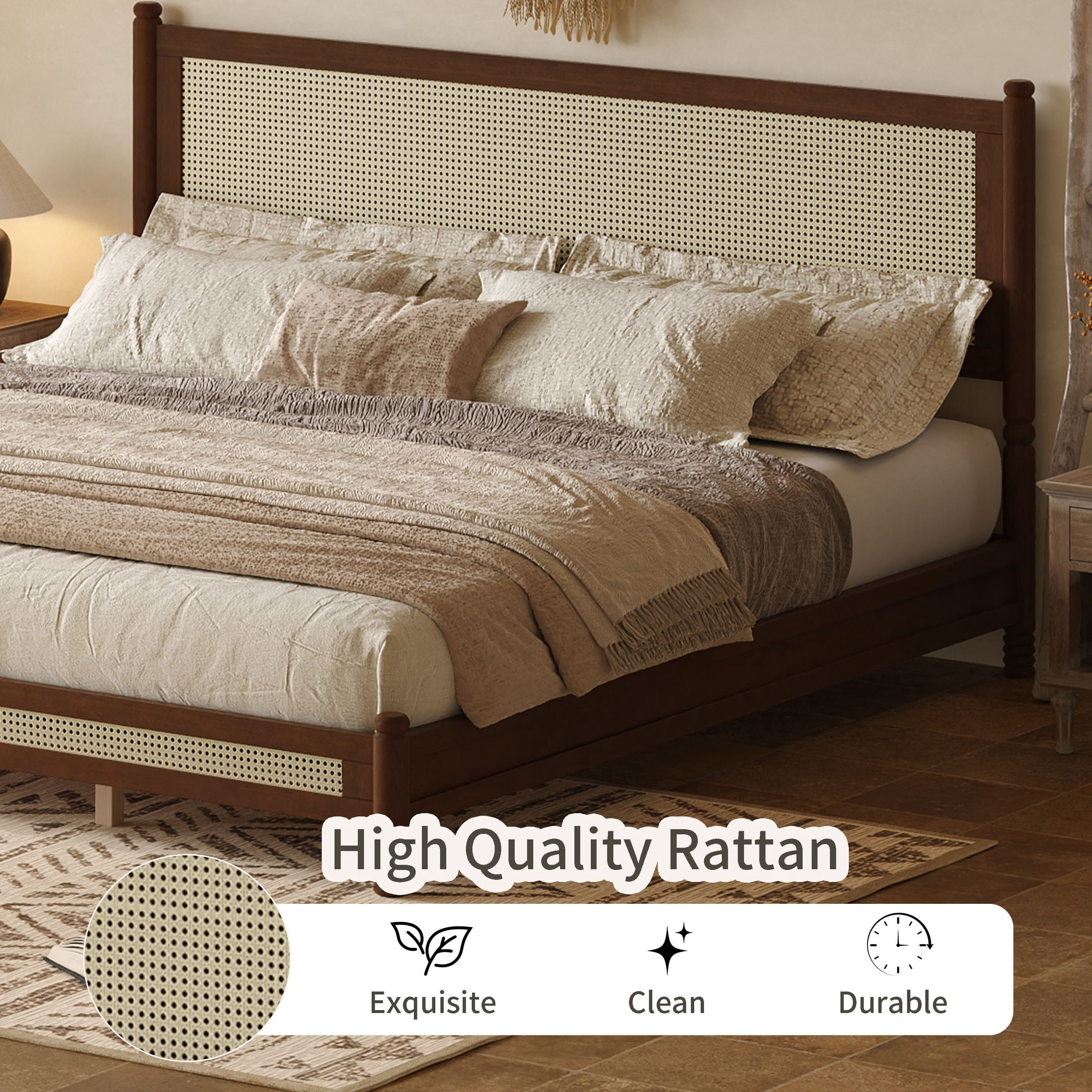 GDF Studio Annes King Size Boho Rattan Platform Bed Frame with Turned Legs, Woven Cane Pine Wood Bed Frame, Walnut