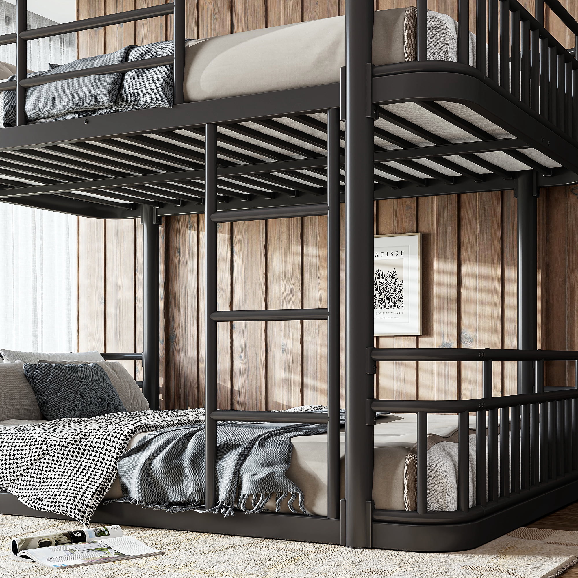 Leumius Full over Full Bunk Bed Frame with Ladders & Guardrails, Upgraded Round-Pipe Metal Frame, Stylish & Versatile for Any Room,Black