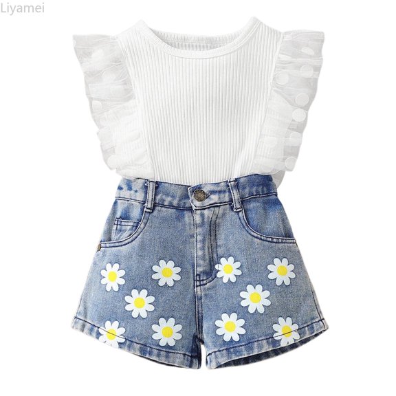 Liyamei Toddler Girls Summer Sleeveless Floral Prints Tops And Shorts 2PCS Outfits Clothes Set For Children Clothes Girls Casual Sets Size White 18-24 Months