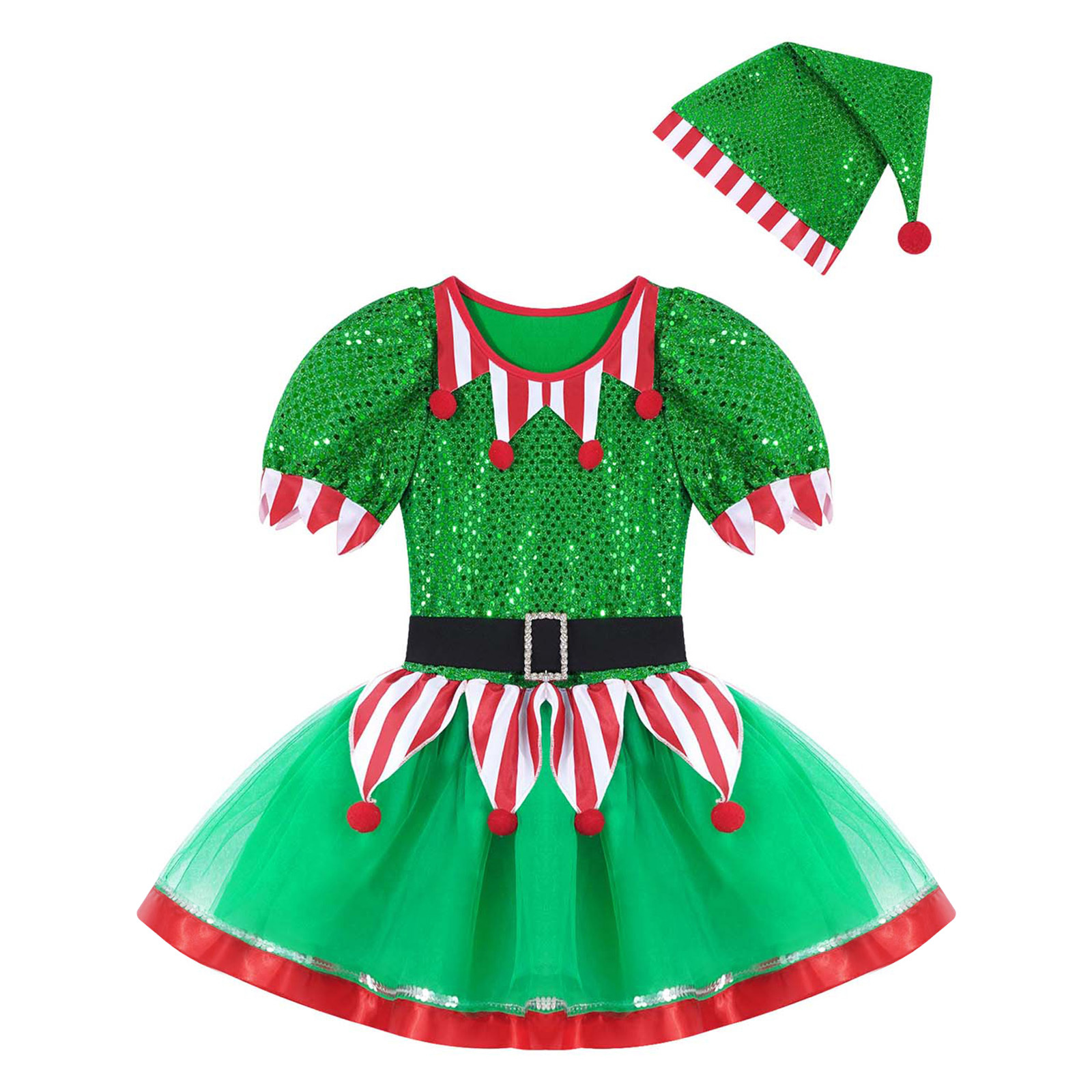 YiZYiF Kids Girls Christmas Elf Costume Figure Ice Skating Ballet Dance Tutu Dress with Hat Dancewear Green-A 2