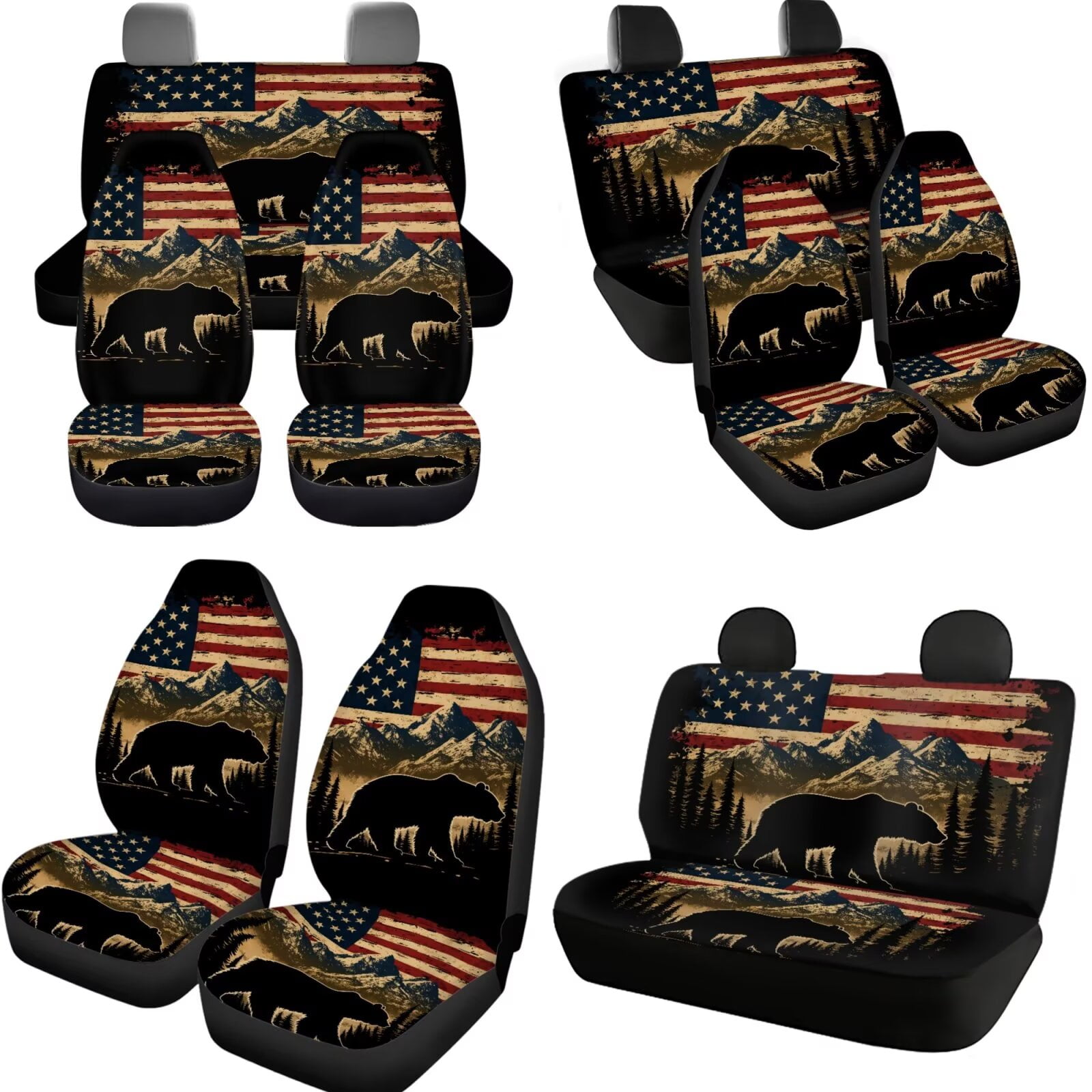 Garronmavis Bear American Flag Car Seat Covers Full Set Universal Vehicle Cushion Protectors with Cars Headrest Protectors+Wristlet Keychain+Auto Cup Coaster+Handbrake Gear+Shift Knob Cover