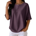 thumbnail image 4 of Elbow Length Tops Women Dressy Waffle Knit Crew Neck T Shirts Trendy Summer Loose Cute Blouses Half Sleeve Basic Tees Purple M, 4 of 4