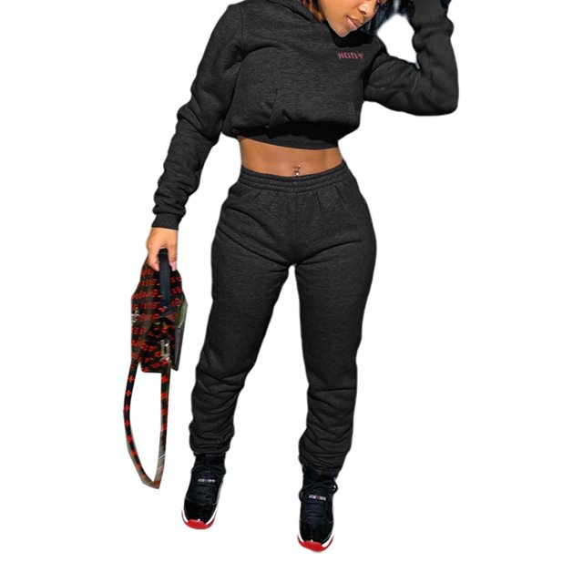 EYIIYE Womens 2 Piece Outfits Tracksuits Hooded Crop Top Sweatshirt + Sweatpants Body Letter Printed Fall Winter Sweatsuits