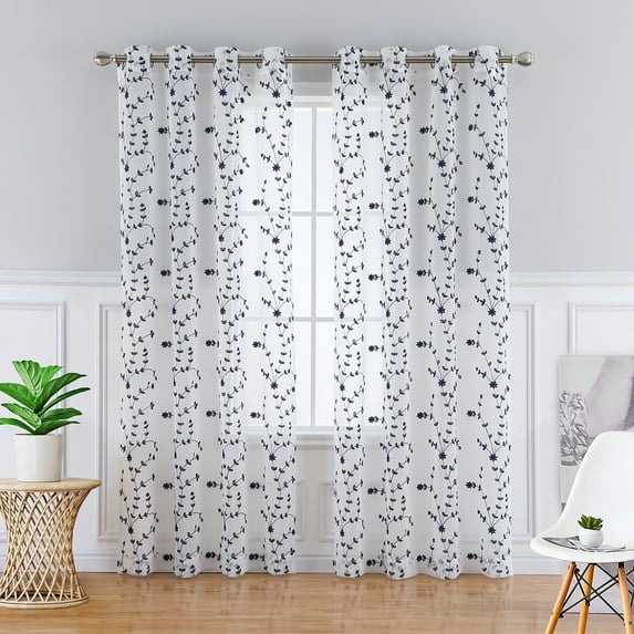Haperlare 52" W x 84" L Sheer Curtains Leaf Embroidered Grommet Voile Drapes for Living Room Bedroom Window Treatments Semi Curtain Panels, Navy Blue, 2 Sets