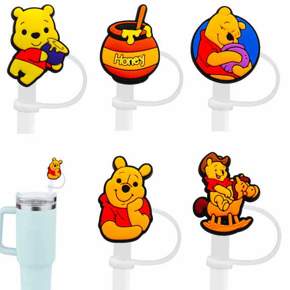 ZHZIYAG 5Pcs Winnie Bear Straw Cover for Stanley Cup, 10mm Cartoon Silicone Straw Topper for Stanley Cup 30/406oz Tumblers, Funny Reusable Lid Accessories WW728#385