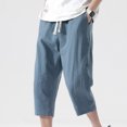 thumbnail image 2 of Diufon Men's Wide Leg Capri Pants Cotton Linen Drawstring Waist Loose Pant Solid Color Trousers with Pockets, 2 of 5