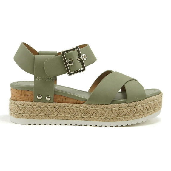SODA WOMEN WEDGE SANDALS OPEN TOE ANKLE STRAP FLATFORM ESPADRILLES TRIM PLATFORM FORTUNA-S Sage Khaki Green 6