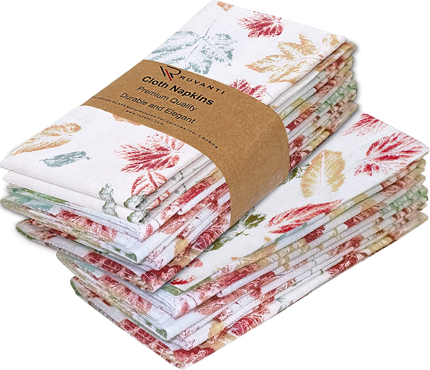 Ruvanti Kitchen Cloth Napkins 12 Pack 100 Cotton 20 X 20 Inch Stamped Leaves, Dinner Napkins