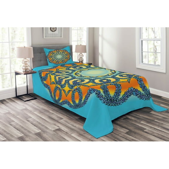 Ambesonne Oriental Quilted Bedspread Set 2 Pcs, Mandala Floral, Twin Size, Orange and Blue
