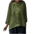 thumbnail image 4 of Ecqkame Women's Casual Cotton Linen Shirt Crew Neck Long Sleeve Button Down Tops Solid Color Curved Hem Loose Blouse 02-Army Green S, 4 of 9